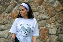 Load image into Gallery viewer, F3 - Unisex White T-shirt with Clear Sleeve & Tennis Rackets print