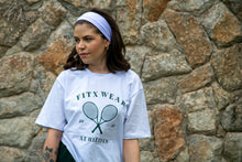 Load image into Gallery viewer, F3 - Unisex White T-shirt with Clear Sleeve &amp; Tennis Rackets print
