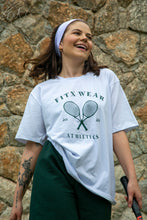 Load image into Gallery viewer, F3 - Unisex White T-shirt with Clear Sleeve &amp; Tennis Rackets print
